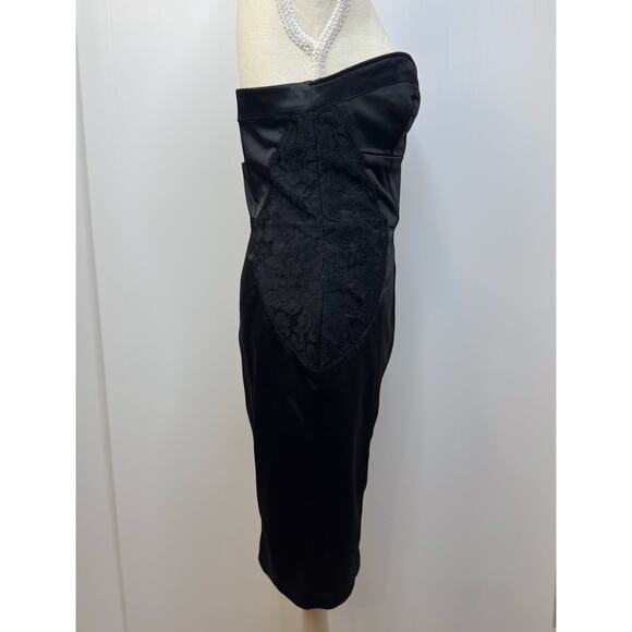 bebe Strapless Black Satin Lace Sheath Dress Women’s Medium Bodycon Bombshell - Picture 9 of 16